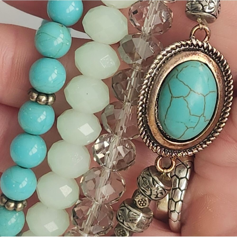 Turquoise and Silver Beaded Bracelet Set (4 Bracelets) - Picture 2 of 3